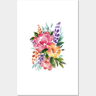 Watercolor Flowers, Pink and Yellow Rose Bouquet Illustration Posters and Art